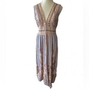 Caroline Constas Linen Cotton Floral Dress Blue Brown Boho Cottagecore Maxi Fall